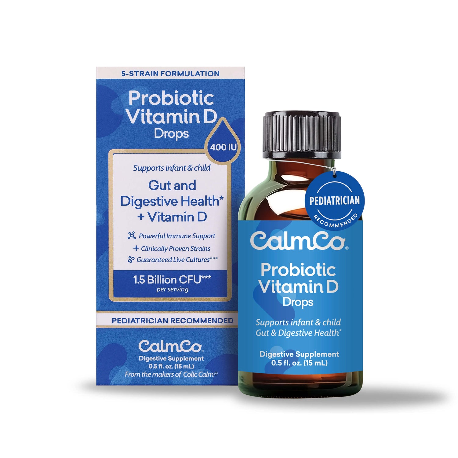 CalmCo® Probiotic + Vitamin D Drops is a daily probiotic supplement to support infant and child gut & digestive health while supporting the immune system.