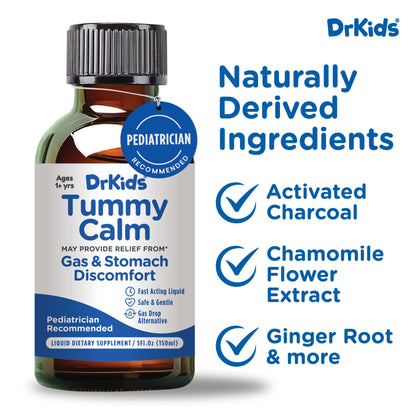 Dr. Kids Tummy Calm supplement bottle with ingredients listed on a white background. DrKids Tummy Calm Liquid is specially designed for children aged 1+ to help ease occasional gas and stomach discomfort.