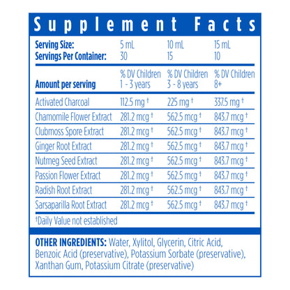 Supplement facts label with detailed nutritional information on a white background. DrKids Tummy Calm Liquid is specially designed for children aged 1+ to help ease occasional gas and stomach discomfort.